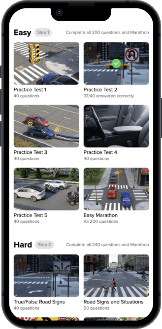 Driving-Tests driver education program displayed on a smartphone