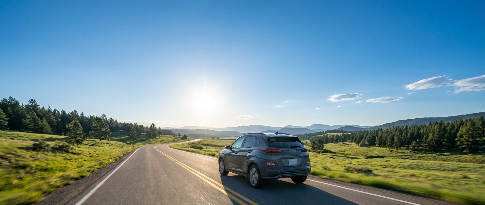 Car driving on open road toward the horizon - your freedom awaits