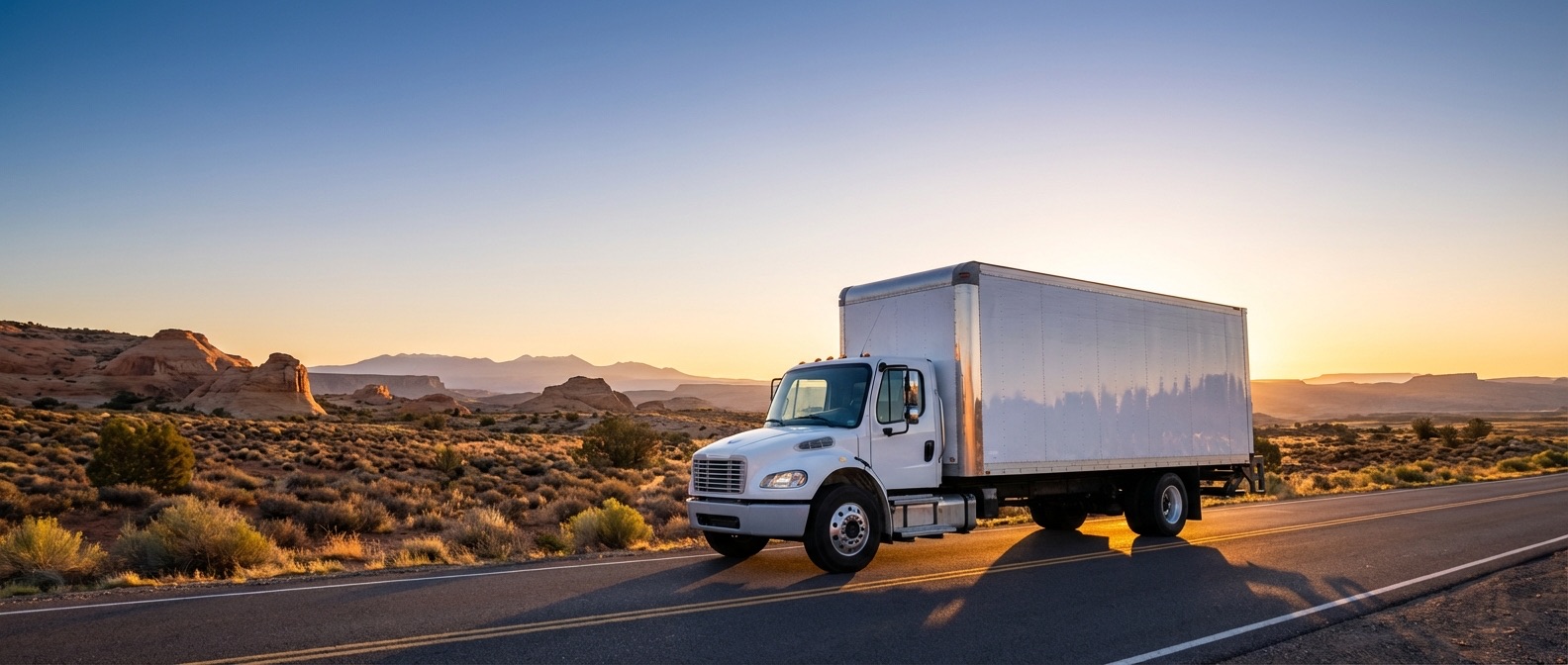 Straight truck on highway at sunrise