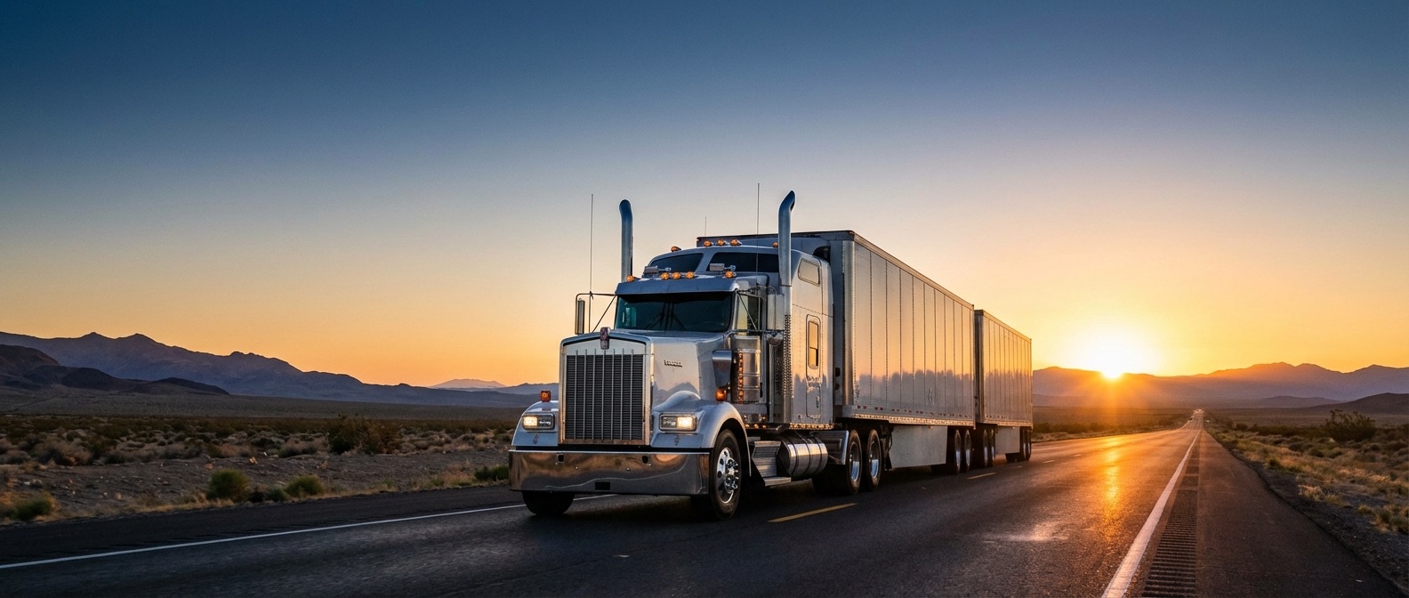 Semi truck with double trailers on highway