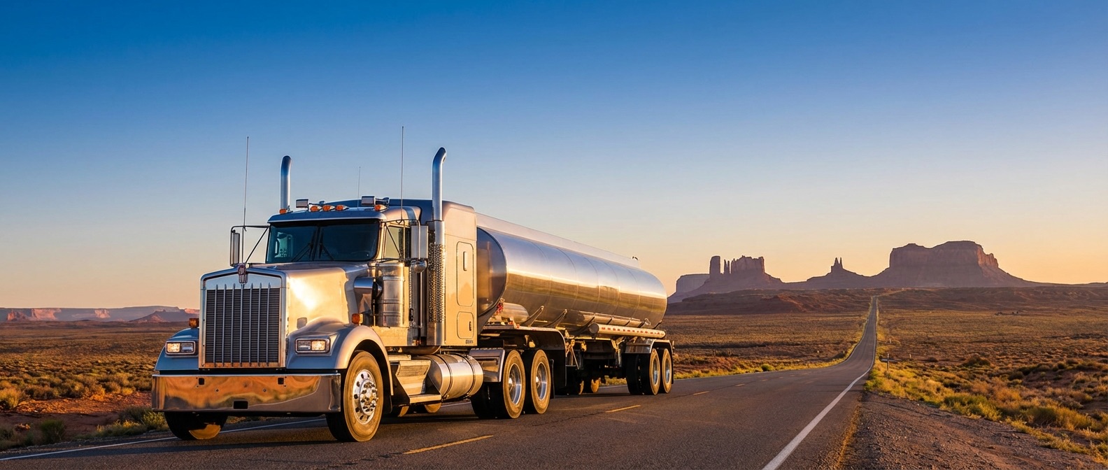 Tanker truck on desert highway at sunrise