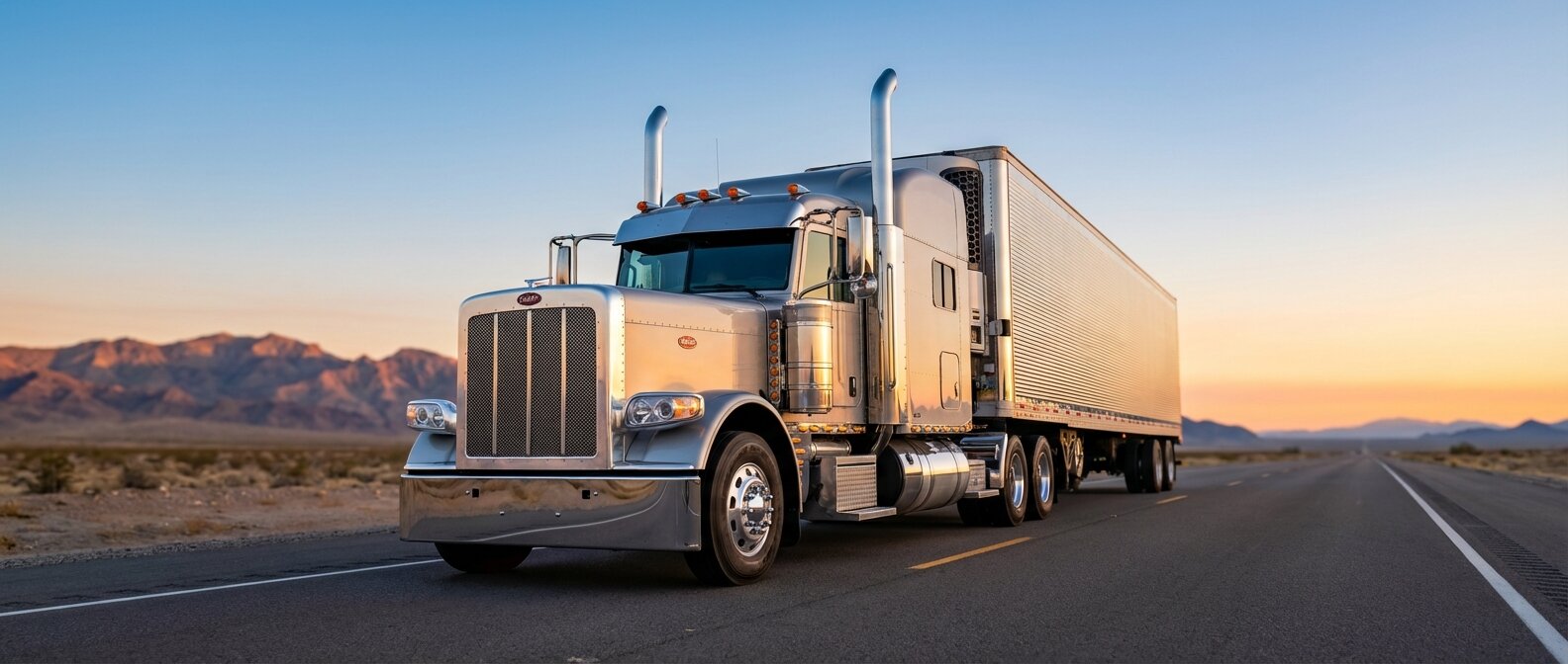 American semi truck on open highway at sunrise
