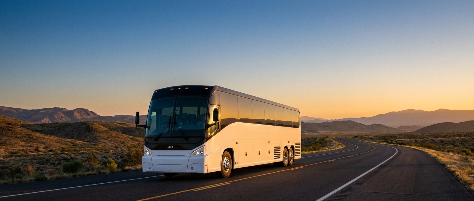 Coach bus on highway at sunrise