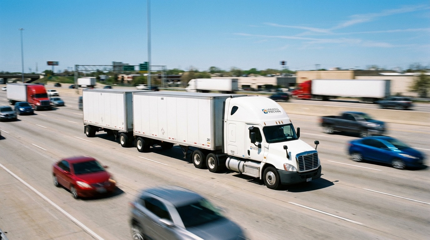 Semi-truck pulling two pup trailers on a sunlit interstate highway