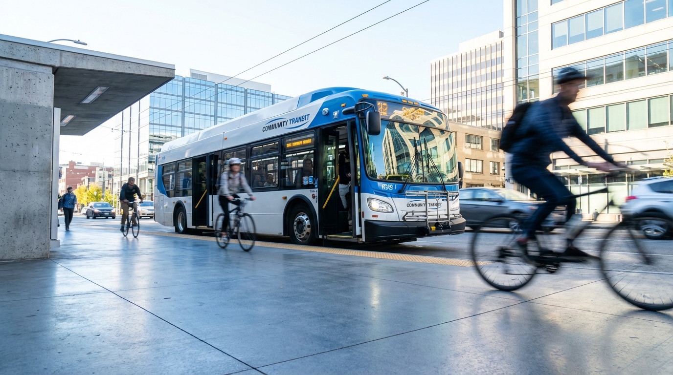 City transit bus at a bus stop with cyclists and pedestrians in motion