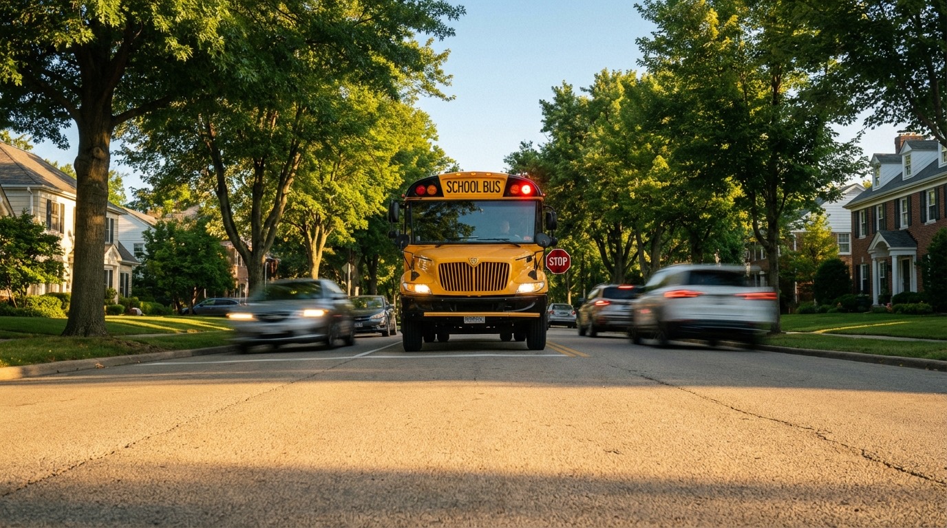 Yellow school bus with stop arm extended on a sunny suburban street