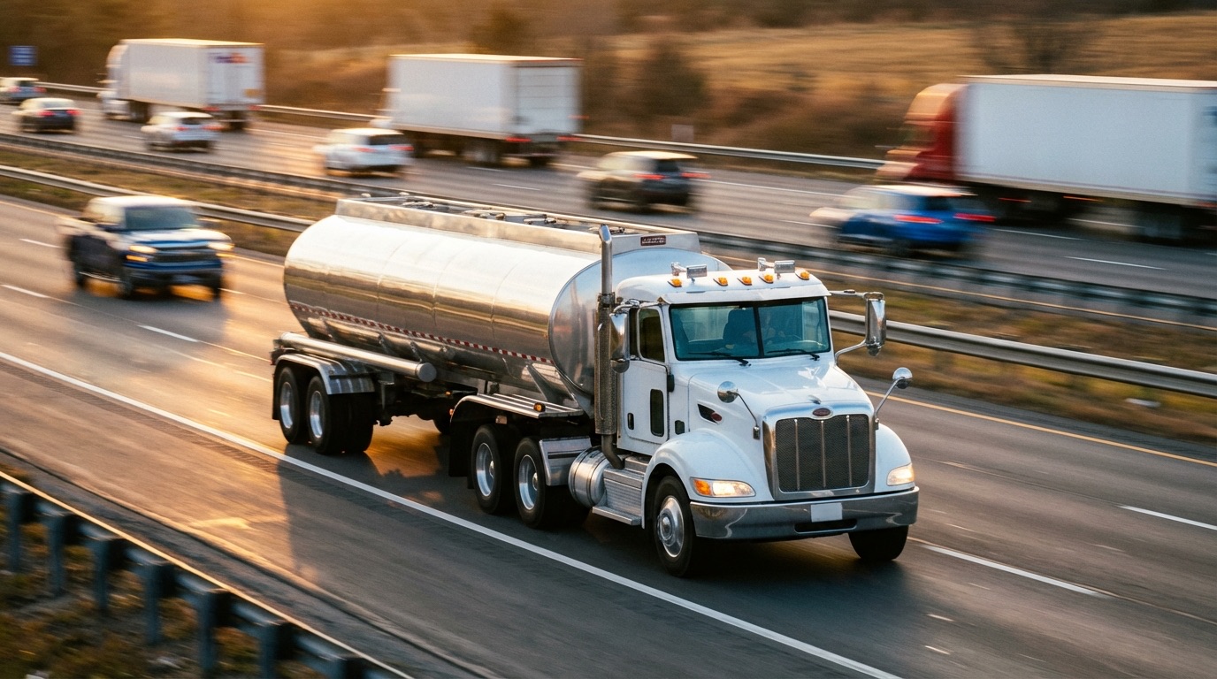 Tanker truck with polished aluminum tank on a golden hour highway